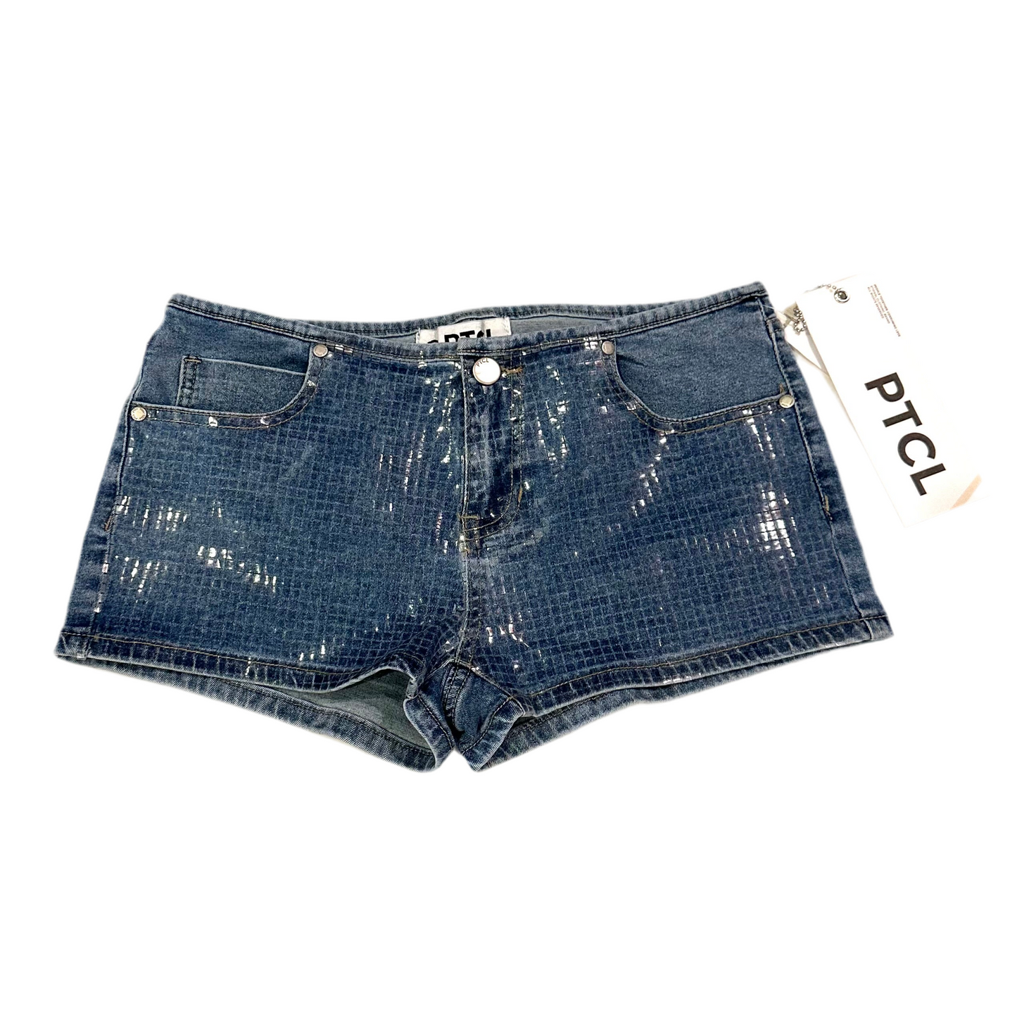 Iridescent Grid Print Denim Shorts