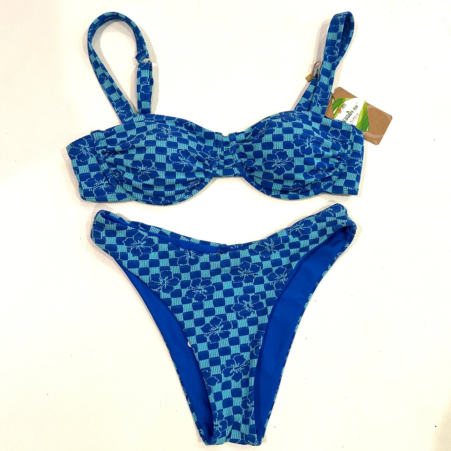 Blue Floral Checker Bikini Set