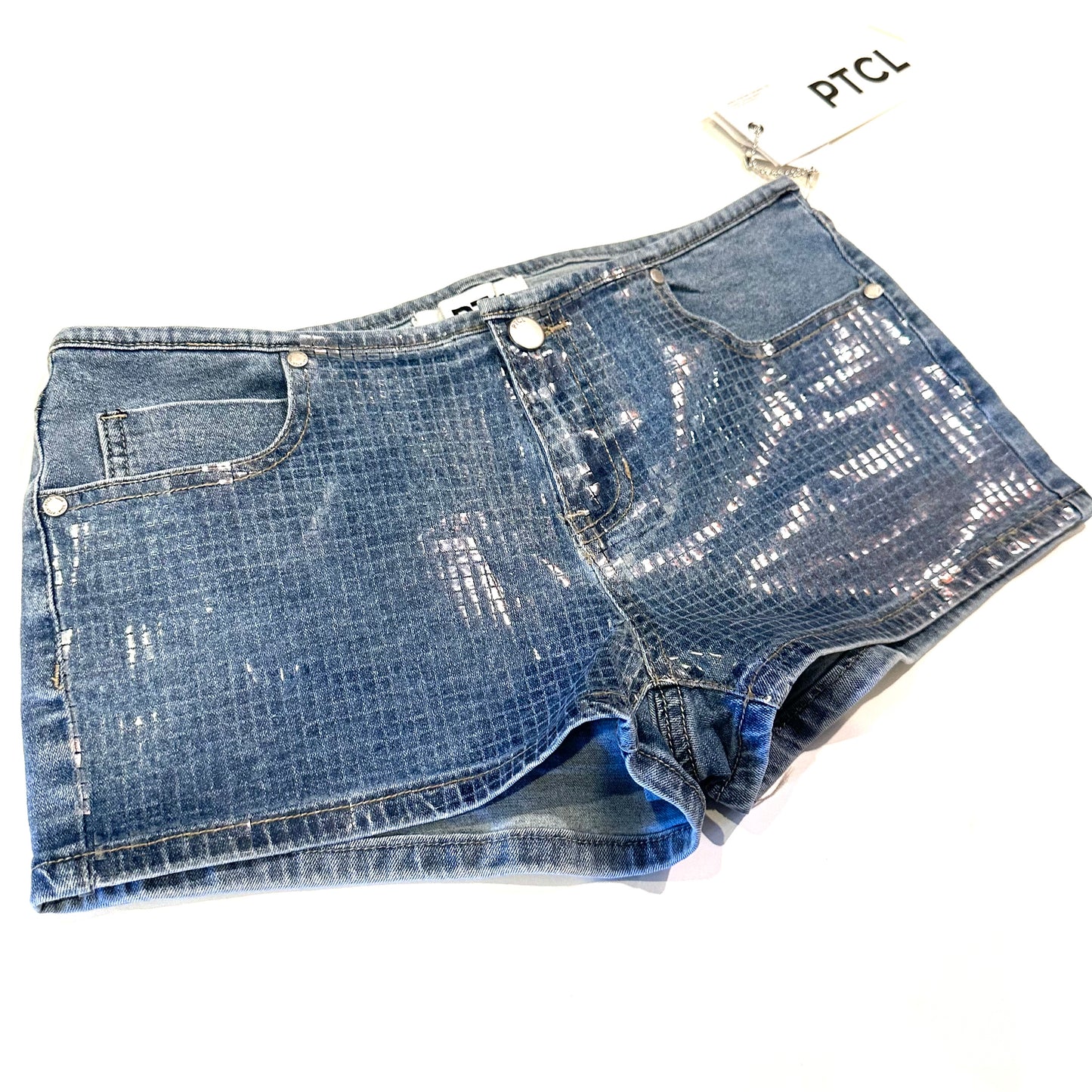 Iridescent Grid Print Denim Shorts