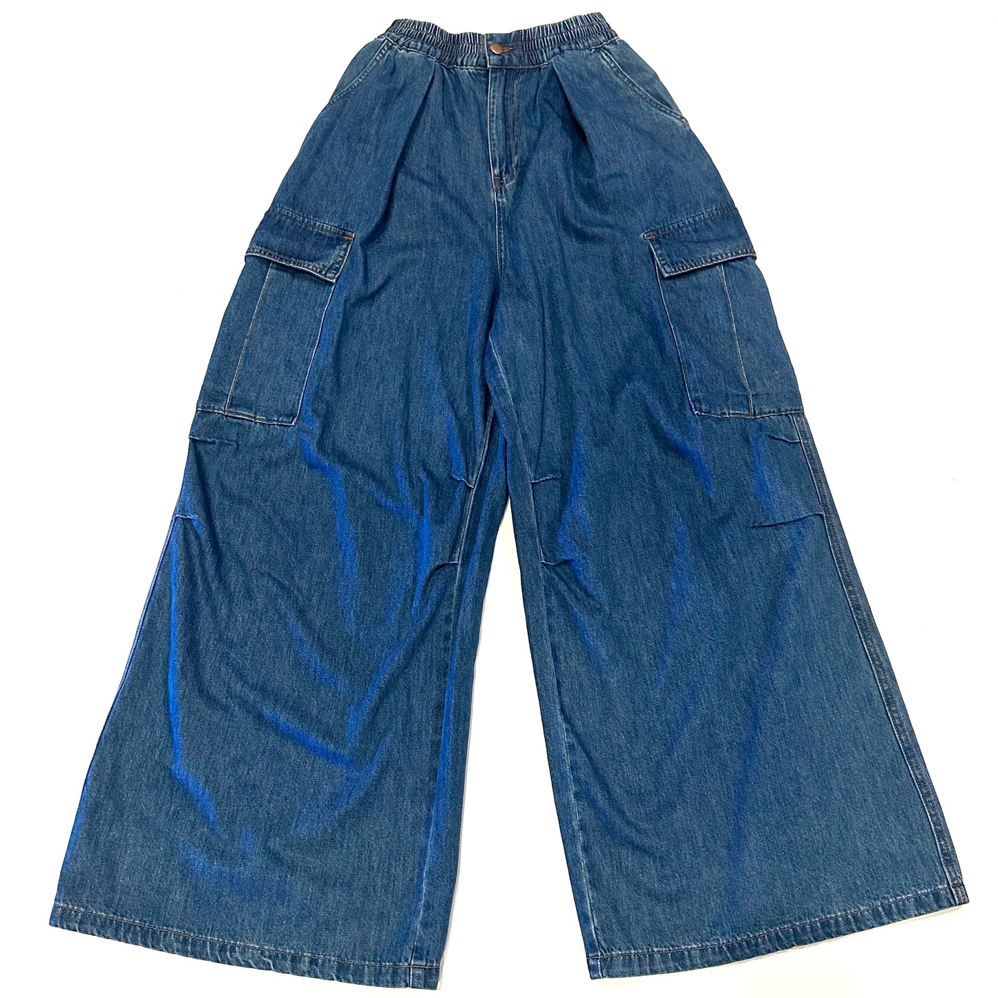 Blue Wide-Leg Cargo Denim Pants