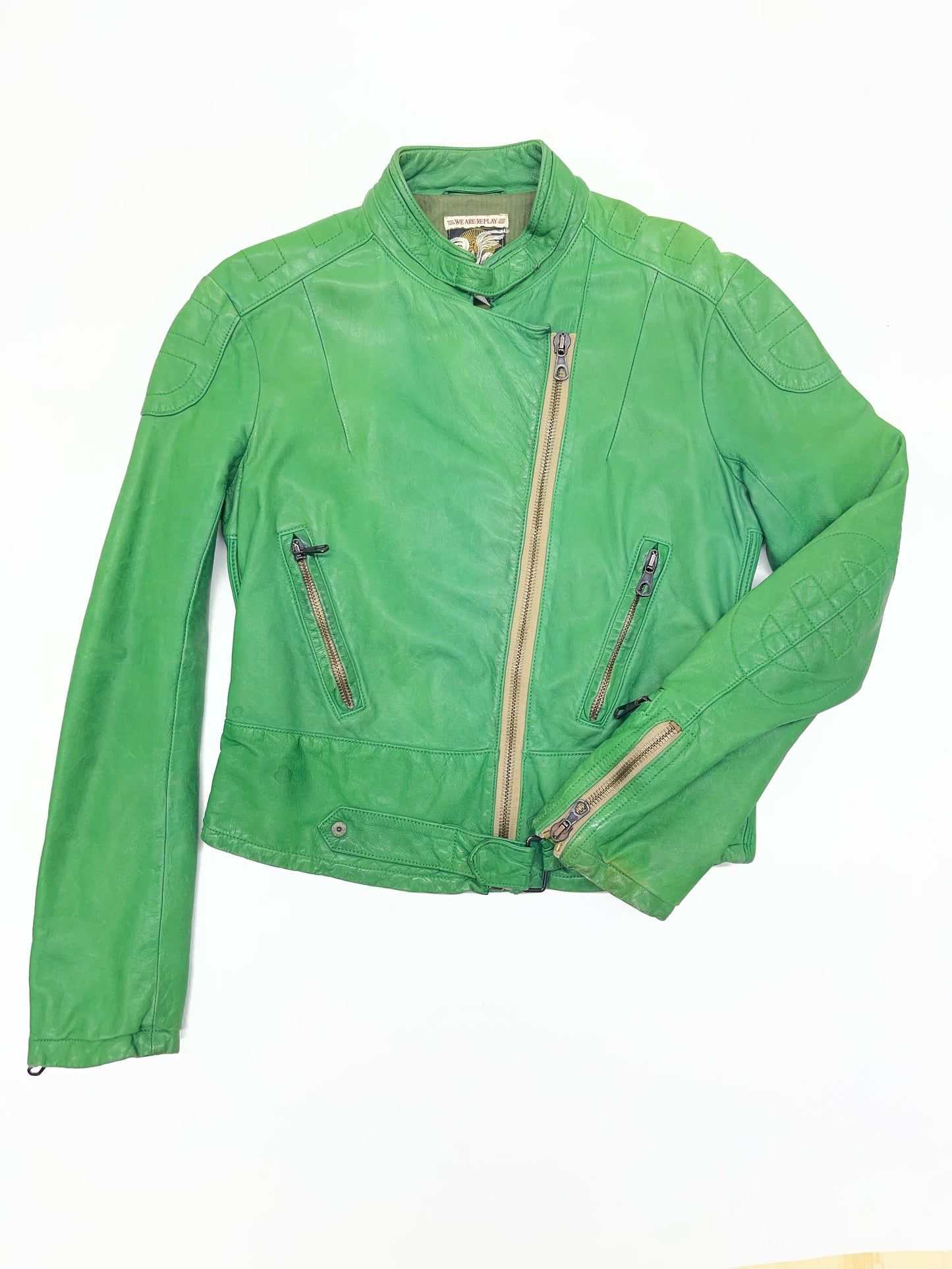 Replay “We Are Replay” Green Leather Moto Jacket