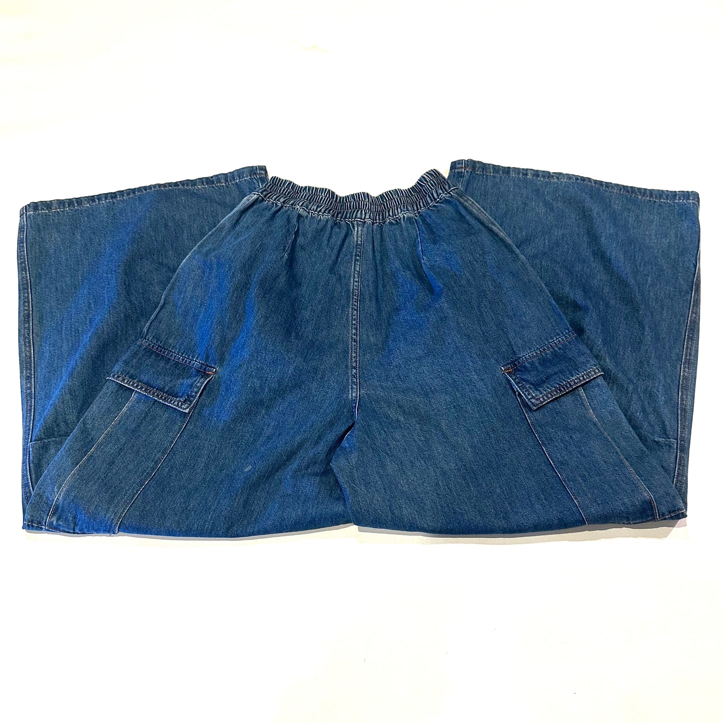 Blue Wide-Leg Cargo Denim Pants